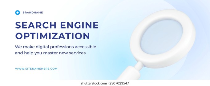 Search engine optimization SEO information management optimization social media banner 3d icon vector illustration. Cyberspace content analyzing network statistic technology magnifying glass