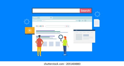 Search engine optimization, SEO keyword marketing, Team of SEO for digital marketing - flat design vector illustration with icons