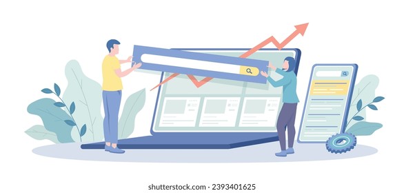 Search engine optimization, SEO marketing strategy, keyword ranking for website. Technical specialists work on optimization of SEO data. Vector illustration with character situation for web.