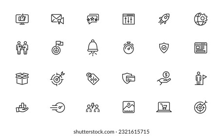 Optimización del motor de búsqueda: conjunto de iconos de línea delgada y marketing SEO. Iconos de desarrollo Web y optimización. Ilustración del vector
