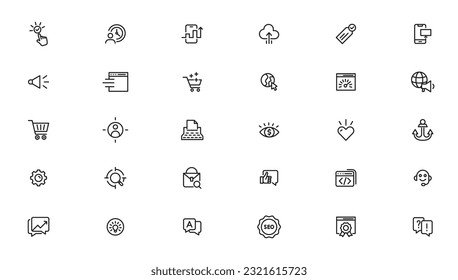 Search Engine Optimization - SEO thin line and marketing icons set. Web Development and Optimization icons. Vector illustration