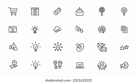 Search Engine Optimization - SEO thin line and marketing icons set. Web Development and Optimization icons. Vector illustration
