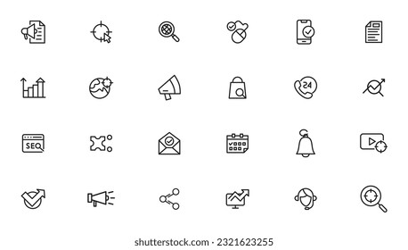 Search Engine Optimization - SEO thin line and marketing icons set. Web Development and Optimization icons. Vector illustration

