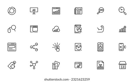 Search Engine Optimization - SEO thin line and marketing icons set. Web Development and Optimization icons. Vector illustration