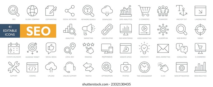 Search Engine Optimization - SEO thin line icon set. SEO icon collection. Web Development and Optimization icons. Vector illustration, with icons name fill icons white background 41 icons