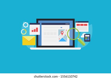 Search engine optimization, Seo, Website, Local Seo - conceptual flat design vector banner website and blog - isolated on blue background