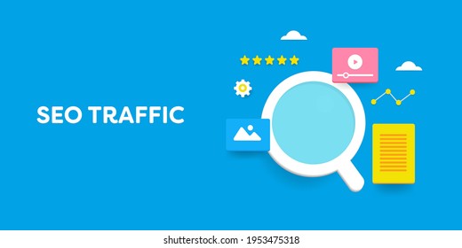 Search engine optimization, SEO, Website traffic, SEO traffic - conceptual vector illustration isolated on blue background with icons and texts
