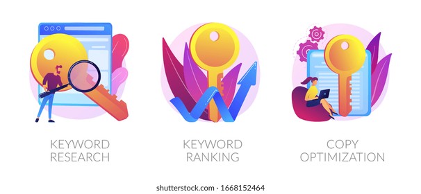 Search engine optimization service icons set. SEO analytics, marketing business. Keyword research, keyword ranking, copy optimization metaphors. Vector isolated concept metaphor illustrations