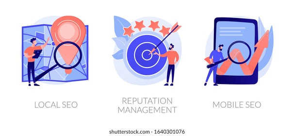 Search engine optimization services icons set. Market analytics, customer feedback analysis. Local SEO, reputation management, mobile SEO metaphors. Vector isolated concept metaphor illustrations