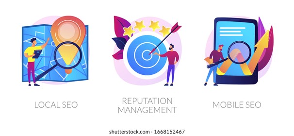 Search engine optimization services icons set. Market analytics, customer feedback analysis. Local SEO, reputation management, mobile SEO metaphors. Vector isolated concept metaphor illustrations