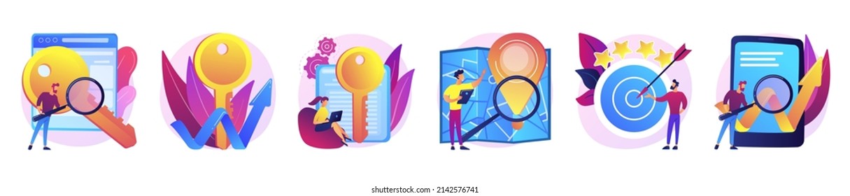 Conjunto de iconos de servicios de optimización de motores de búsqueda. Análisis de mercado, análisis de comentarios de clientes. SEO local, gestión de reputación, metáforas SEO móviles. Ilustraciones de metáforas conceptuales aisladas por vectores