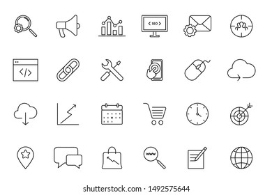 Search Engine Optimization. Set of Vector SEO Optimisation Icons. Set of Search Engine Optimization. Linear symbols set.