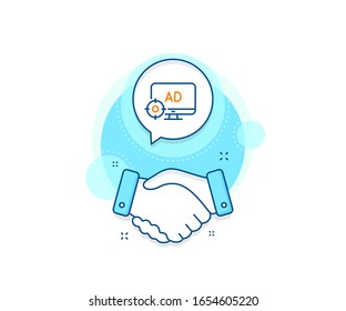 Search engine optimization sign. Handshake deal complex icon. Seo adblock line icon. Target symbol. Agreement shaking hands banner. Seo adblock sign. Vector