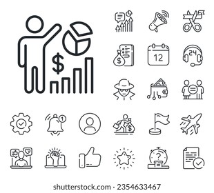 Signo de optimización del motor de búsqueda. Salaryman, igualdad de género e iconos de la descripción de timbre. Icono de línea de estadísticas de sesión. Símbolo de gráfico analítico. Señal de línea de estadísticas de sesión. Vector