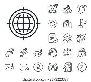Search engine optimization sign. Salaryman, gender equality and alert bell outline icons. Seo target line icon. Internet symbol. Seo internet line sign. Spy or profile placeholder icon. Vector