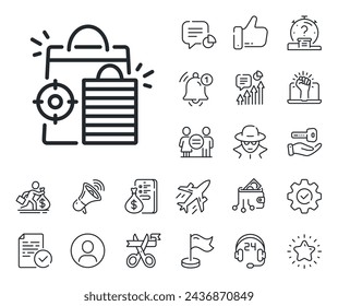 Search engine optimization sign. Salaryman, gender equality and alert bell outline icons. Seo shopping bags line icon. Analytics symbol. Seo shopping line sign. Spy or profile placeholder icon. Vector