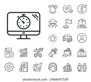 Search engine optimization sign. Salaryman, gender equality and alert bell outline icons. Seo timer line icon. Analytics symbol. Seo timer line sign. Spy or profile placeholder icon. Vector
