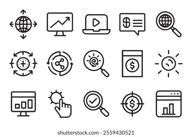 
Search engine optimization, target, keywording, related editable stroke outline icon set isolated flat vector illustration white background.