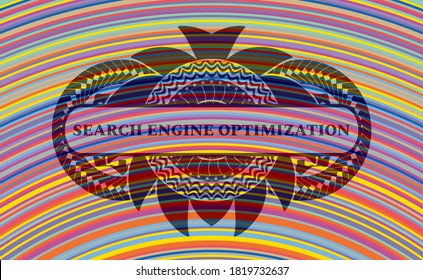 Search Engine Optimization text inside colorful badge. Showy fashionable background. Vector illustration. 