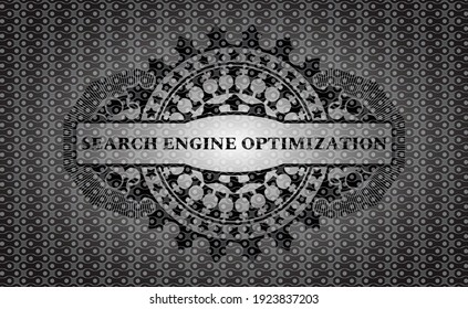 Search Engine Optimization text inside black abstract realistic emblem. Pattern graceful background. Artistic illustration. 