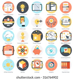 Search engine optimization theme, flat style, colorful, vector icon set for info graphics, websites, mobile and print media.
