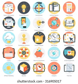 Search engine optimization theme, flat style, colorful, vector icon set for info graphics, websites, mobile and print media.