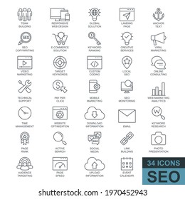 Search Engine Optimization. Thin line, glyph, filled web icon collection. Simple vector illustration.