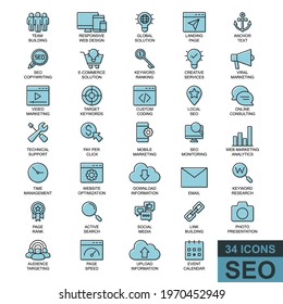 Search Engine Optimization. Thin line, glyph, filled web icon collection. Simple vector illustration.