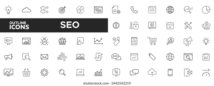 Search Engine Optimization. Thin line web icon collection. Website, search, mail, analysis, content, strategy, development, and more