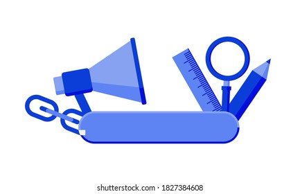 Search engine optimization tools like measurement, web links, search, optimization as parts of swiss army knife. SEO tools concept. Vector illustration.