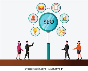Search Engine Optimization vector concept: group of business people standing below the SEO magnifying glass surrounded by digital marketing icons