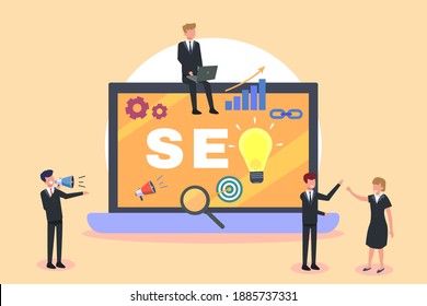 Search Engine Optimization vector concept. Business team discussing together with SEO text on the laptop computer