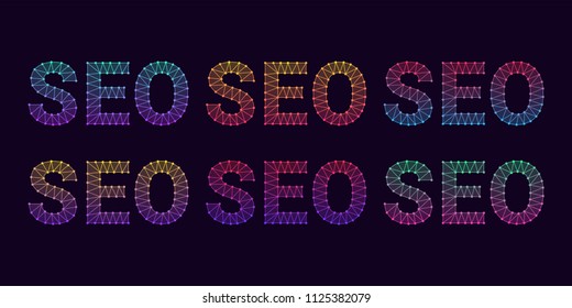 Search Engine Optimization. Vector illustration of SEO inscription consisting of lines and knots. Turquoise-violet and yellow-pink, red-blue and purple-violet and other gradient colors