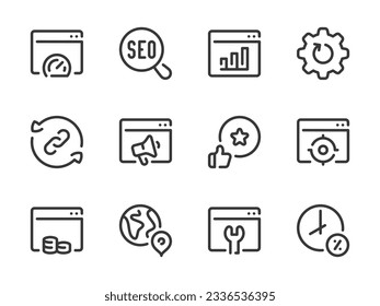 Search Engine Optimization vector line icons. SEO and Business research outline icon set.