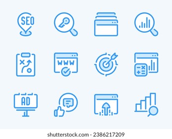 Search Engine Optimization vector line icons. SEO and Business research outline icon set. Target Audience, Strategy, Marketing, Outdoor Advertising, Keyword, SMM and more.