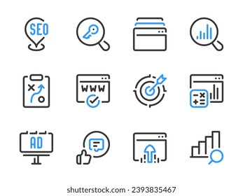 Iconos de línea vectorial de optimización del motor de búsqueda. Conjunto de iconos de esquema de SEO y Business Research.