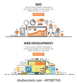 Search Engine Optimization and Web development flat thin line design banners. Vector concept elements and icons.