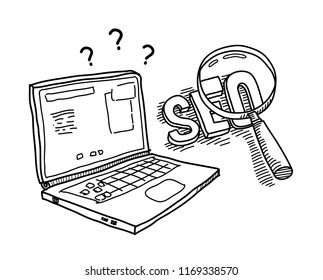 Search Engine Optimization Website Concept With Laptop And Magnifying Glass Doodle Cartoon Drawing