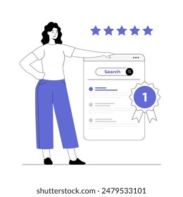 Optimización de motores de búsqueda para el desarrollo de rankings de Palabra clave de Sitios web. Estrategia de marketing digital. Sitio web SEO análisis. Ilustración vectorial con gente de la línea para el Diseño web.	
