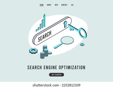 Search Engine Optimization website landing page template illustration. Design with imagery of search bar, magnifying glass, key, charts, and upward arrow. Perfect for digital marketing or SEO agency