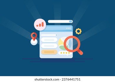 Search engine optimization, Website ranking improvement, SEO strategy, Search engine result page with analytics - vector illustration background with icons