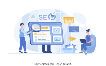 Search engine optimization for website. SEO management, keywording, content marketing, site analytics. Vector illustration with characters in flat design for web banner.	