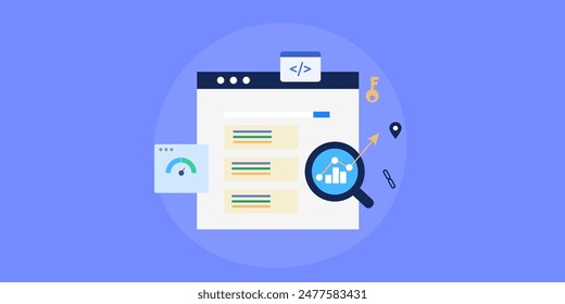 Search engine optimization, Website optimization strategy, Website ranking high on search engine, Speed optimization, SEO analytics - vector illustration with icons