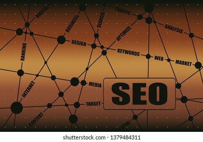 Search engine optimization word cloud business concept. SEO text. Molecule And Communication Background. Connected lines with dots. Vector brochure, report or flyer design template.