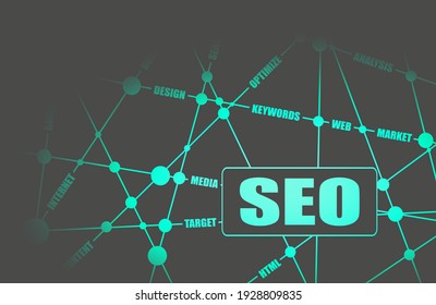 Search engine optimization word cloud business concept. SEO text. Molecule and communication background. Connected lines with dots. Brochure, report or flyer design template.