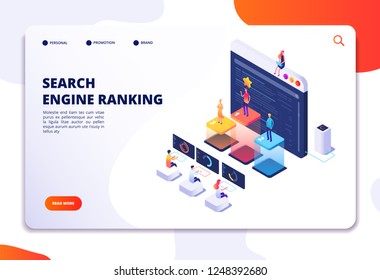 Search engine rank isometric landing page. Seo marketing and analytics, online ranking result. 4ir 3d vector concept