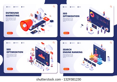 Search Engine Rank, Seo Optimization Vector Isometric Landing Pages. Seo Marketing And Analytics, Online Ranking Result