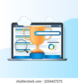 Search engine ranking banner. Trophy cup, magnifying glass, diagram and search bar icons on monitor screen. Business concept. Web vector illustration in 3D style