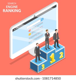 Search engine ranking flat isometric vector. First 3 winners of the SEO ranking are standing on the champion pedestal.