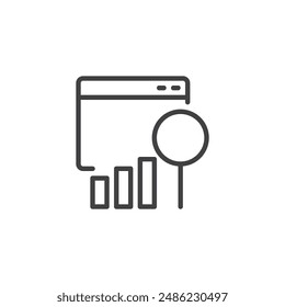 Search Engine Ranking line icon. linear style sign for mobile concept and web design. Web page with a bar chart and magnifying glass outline vector icon. Symbol, logo illustration. Vector graphics